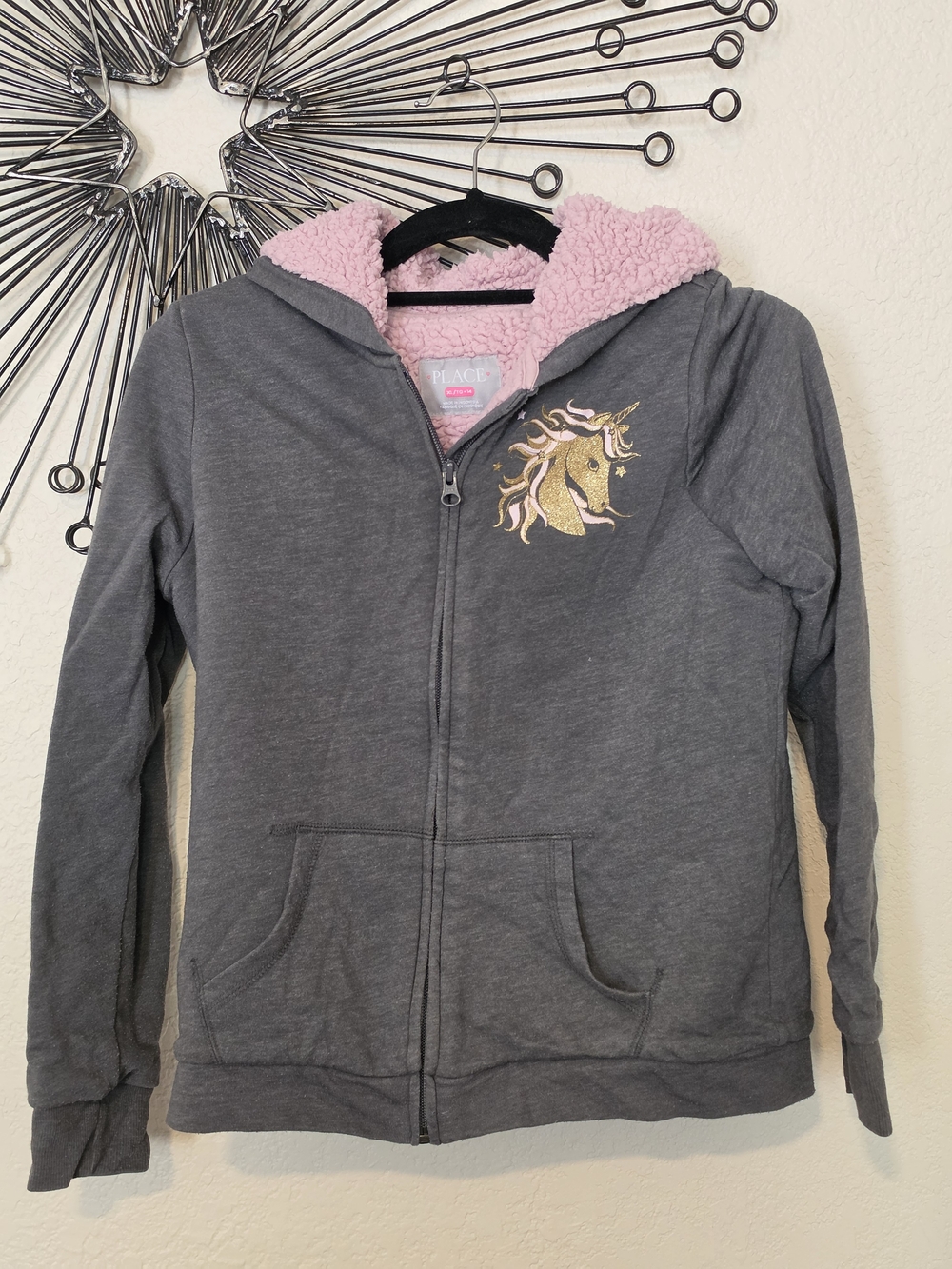 The Children's Place Gray Zip Hoodie with Pink Sherpa Lining & Gold Unicorn